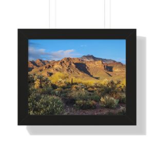 Golden mountains at sunrise with saguaro silhouettes