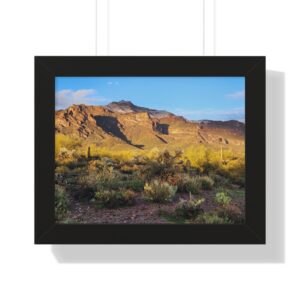 Golden-lit desert with rugged mountain backdrop